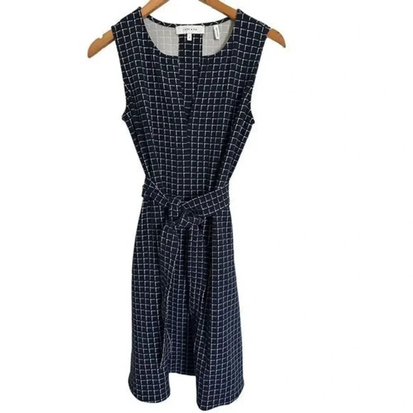 Lark & Ro Navy Blue White Checkered A-Line Pocket Dress 2 Sleeveless Belted - Picture 2 of 6